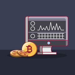 Sticker - computer with stock market on screen and bitcoin coins over black background, colorful design. vector illustration