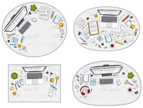 Office desks workspaces top view with PC and laptops  and diverse stationery objects for work, overhead look. All elements are easy to use separately or recompose the illustrations. Vector set.
