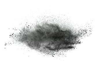 Wall Mural - Black powder explosion against white background.Closeup of black dust particles explode isolated on white background.