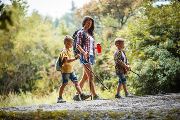 Wall Mural - mother and her little sons hiking trough forest .outdoor leisure concept.
