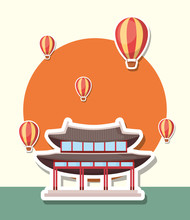Iconic Palace Of Asian With Hot Air Balloons Over Yellow Background, Colorful Design. Vector Illustration