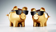 Goldene Sparschweine mit Sonnenbrille