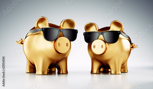 Fotomural Goldene Sparschweine mit Sonnenbrille