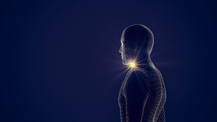 Poster - Side view of human body with light flare. Wireframe model on blue, artificial intelligence in futuristic technology concept, 3d illustration