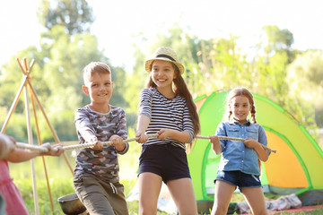 Wall Mural - little children pulling rope outdoors. summer camp