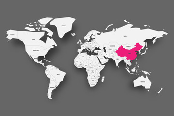 Canvas Print - China pink highlighted in map of World. Light grey simplified map with dropped shadow on dark grey background. Vector illustration.
