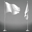 Vector realistic set of two white flags on steel poles isolated on transparent background. Blank waving banner on flagpole, fabric with empty space for advertising messages. Mockup for your design
