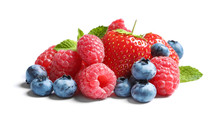 Raspberries, Strawberries And Blueberries On White Background