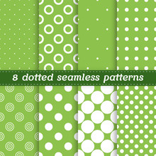 Set Of 8 Flat Green Vector Seamless Patterns With Polka Dots
