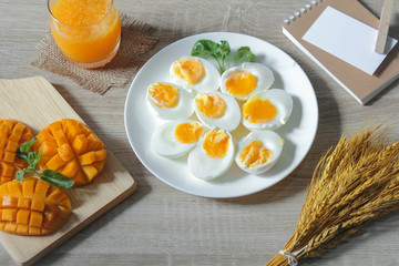 boiled egg for breakfast with orange juice and mango