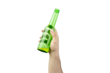 Hand Holding Ice Cold Wet Green Beer Bottle Isolated On White  Background