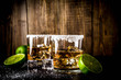 Two tequila shot glasses on dark background, with ice cubes, salt and limes copy space