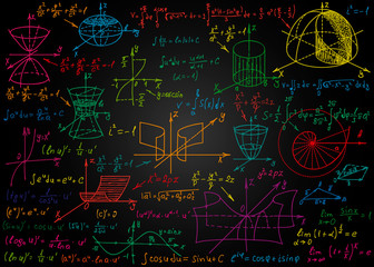 Mathematical colorful formulas drawn by hand on a black chalkboard for the background. Vector illustration.