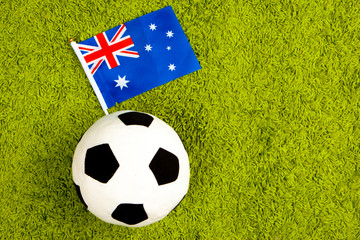 Flag of Australia. Football. Flag of Australia at the stadium. Football game. Australian national football team. Soccer ball in the stadium. Football pitch.