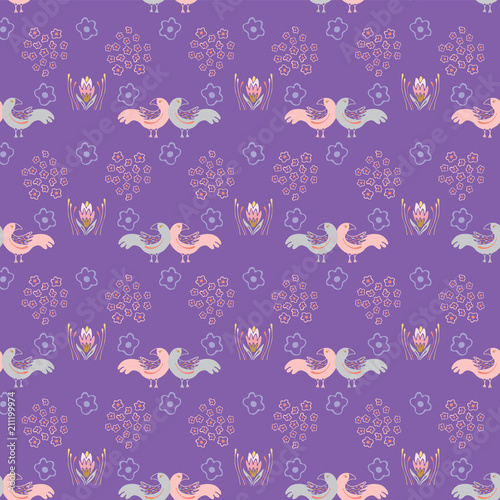 Fotografija Purple Boho Folk Art Daisies & Love Birds, Seamless Vector Pattern, Hand Drawn I