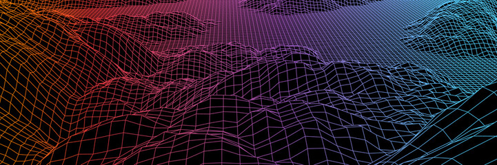 Poster - Digital landscape with mountains or hills made of line grid