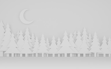 Poster - paper art scene of pine tree and the moon on white background,Minimal concept of forest in the night,3D rendering