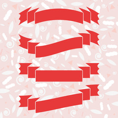 Wall Mural - Set of red isolated banner ribbons on a pink spotted background. Simple flat vector illustration. With space for text. Suitable for infographics, design, advertising, holidays, labels.