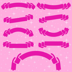 Wall Mural - Set of pink romantic isolated ribbons banners on a colored background. Simple flat vector illustration. With space for text. Suitable for infographics, design, advertising, holidays, labels.