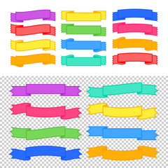 Wall Mural - Set of colored isolated banner ribbons on a transparent and white background. Simple flat vector illustration. With space for text. Suitable for infographics, design, advertising, holidays, labels.