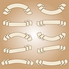 Wall Mural - Set of vintage isolated banner ribbons on a light brown background. Simple flat vector illustration. With space for text. Suitable for infographics, design, advertising, holidays, labels.