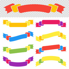 Wall Mural - Set of colored isolated banner ribbons on a transparent and white background. Simple flat vector illustration. With space for text. Suitable for infographics, design, advertising, holidays, labels.