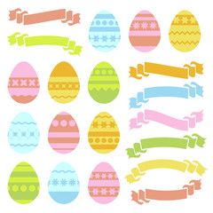 Wall Mural - Set of colored isolated Easter eggs and ribbon banners on white background. With an abstract geometric pattern. Simple flat vector illustration. Suitable for decoration of postcards