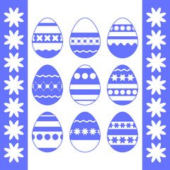 Wall Mural - Set of blue isolated Easter eggs on a white background. With an abstract pattern. Simple flat vector illustration. Suitable for decoration of postcards, advertising, magazines, websites.