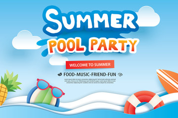 Wall Mural - Summer pool party with paper cut symbol and icon for invitation background. Art and craft style. Use for ads, banner, poster, card, cover, stickers, badges, illustration design.