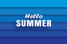Hello Summer White Text On Abstract Blue Wave Background.