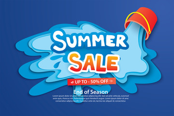 Sticker - Summer sale with paper cut bucket and water for advertising blue background. Art and craft style. Use for ads, banner, poster, card, cover, stickers, badges, illustration design.