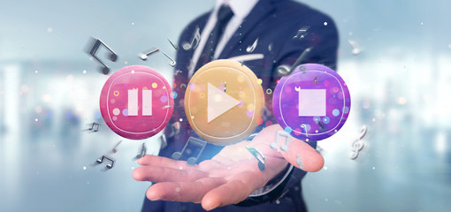 Poster - Man holding a Music button and notes playing  3d rendering