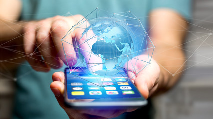 Poster - Businessman using smartphone with a Connected network over a earth globe concept on a futuristic interface - 3d rendering