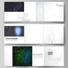 The minimal vector layout of two square format covers design templates for trifold square brochure, flyer. Binary code background. AI, big data, coding or hacker concept, digital technology background