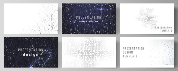 The minimalistic abstract vector layout of the presentation slides design business templates. Binary code background. AI, big data, coding or hacker concept, digital technology background.