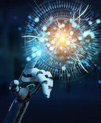 Fototapete - White cyborg hand using digital eye surveillance hologram 3D rendering
