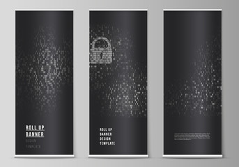 Wall Mural - The vector layout of roll up banner stands, vertical flyers, flags design business templates. Binary code background. AI, big data, coding or hacker concept, digital technology background.