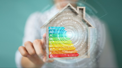 Wall Mural - businesswoman using 3d rendering energy rating chart in a wooden house