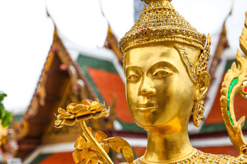 Golden Kinnari statue  at Wat Phra Kaew ,The Temple of Emerald Buddha in Bangkok, Thailand