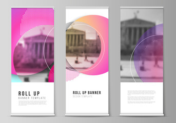 The vector illustration of the editable layout of roll up banner stands, vertical flyers, flags design business templates. Creative modern bright background with colorful circles and round shapes.