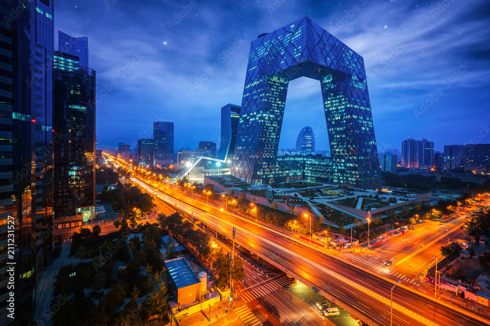 Night cityscape with bilding and road in Beijing city - obrazy, fototapety, plakaty 