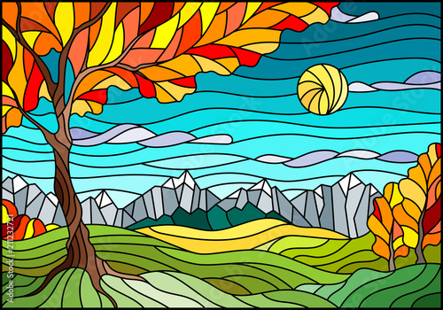 Dekoracja na wymiar  ilustracja-w-stylu-witrazu-z-jesiennym-krajobrazem-drzewem-na-gorskim-krajobrazie-i
