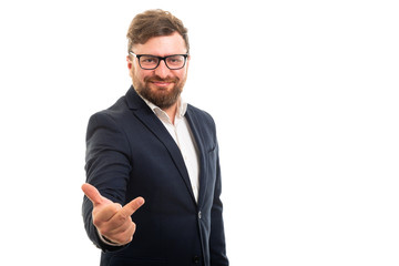 Wall Mural - Portrait of business man showing middle fingers gesture.