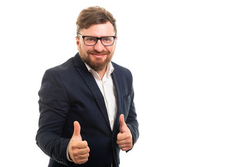 Wall Mural - Portrait of business man showing double thumb up gesture.
