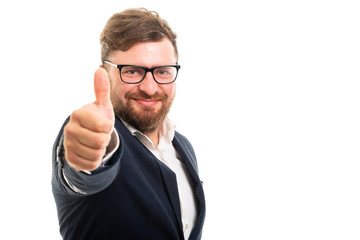 Wall Mural - Portrait of business man showing thumb up gesture.