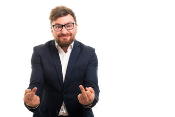 Wall Mural - Portrait of business man showing double middle fingers gesture.