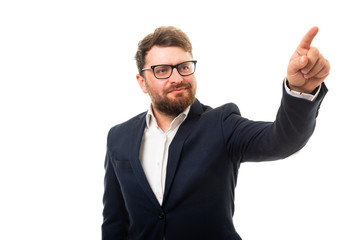 Wall Mural - Portrait of business man pointing invisible touchscreen gesture.