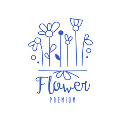 Canvas Print - Flower premium, florists, flower shop logo hand drawn vector Illustration in blue color on a white background