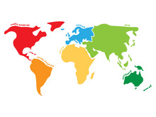 Multicolored World Map Divided To Six Continents In Different Colors - North America, South America, Africa, Europe, Asia And Australia. Simplified Silhouette Vector Map With Continent Name Labels
