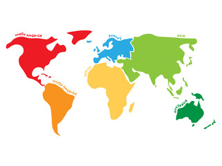 Sticker - Multicolored world map divided to six continents in different colors - North America, South America, Africa, Europe, Asia and Australia. Simplified silhouette vector map with continent name labels